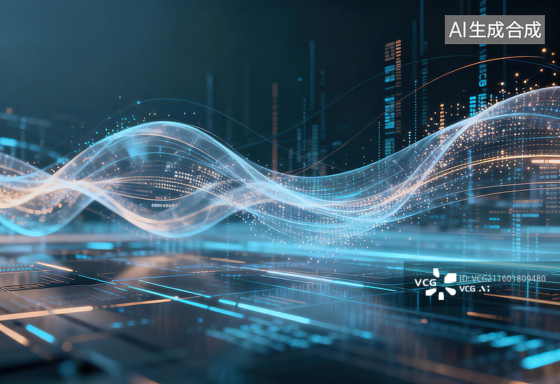 【AI数字艺术】蓝金数据律动波图片素材