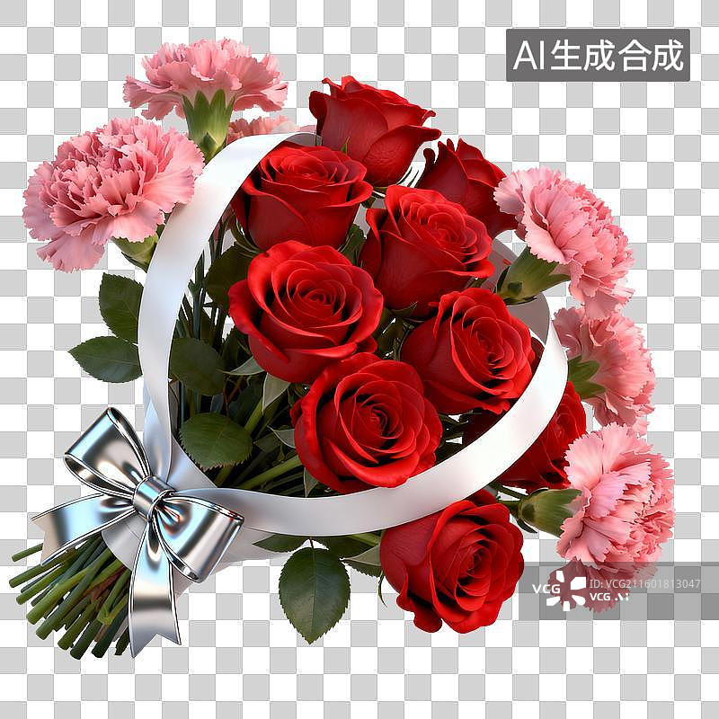 【AI数字艺术】一束红玫瑰和粉康乃馨的花束图片素材