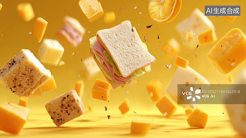 【AI数字艺术】悬浮的三明治与奶酪块图片素材