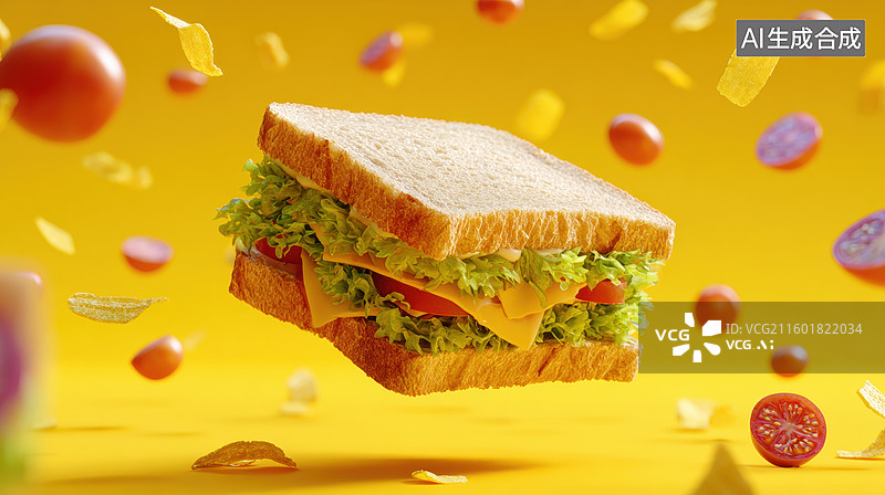 【AI数字艺术】悬浮三明治与飞舞食材图片素材