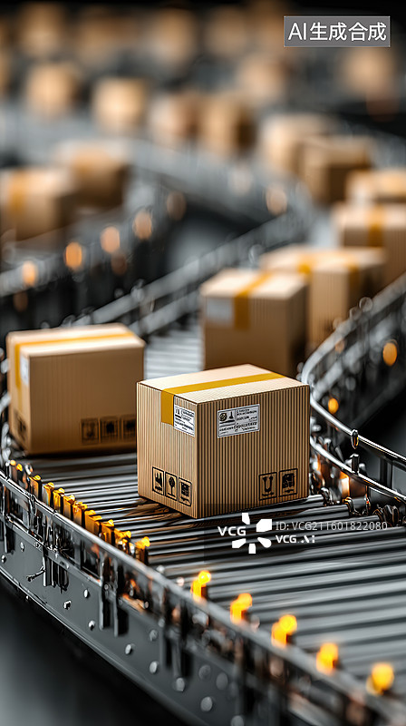 【AI数字艺术】传送带上的纸箱包裹图片素材