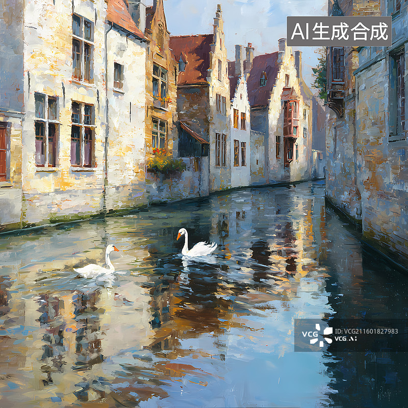 【AI数字艺术】油画风欧洲城市河流插图图片素材