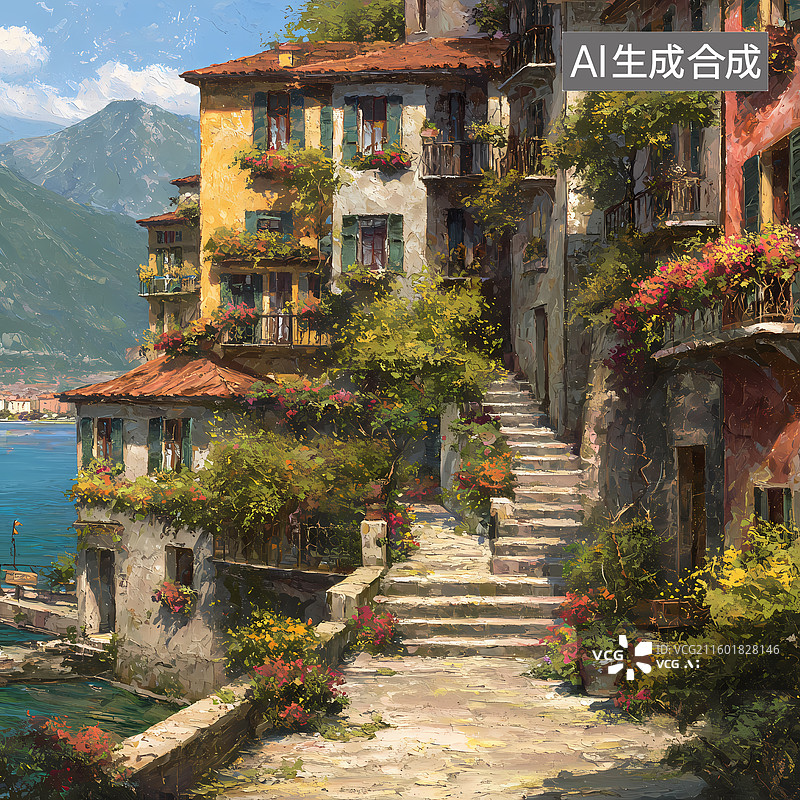 【AI数字艺术】油画风欧洲城市河流插图图片素材