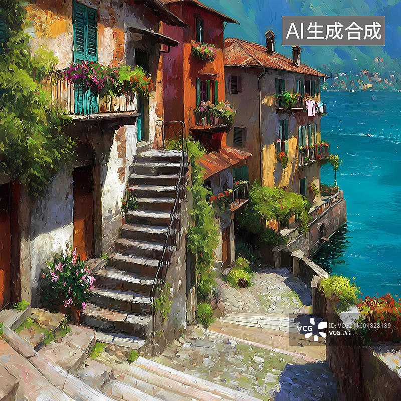 【AI数字艺术】油画风欧洲城市河流插图图片素材