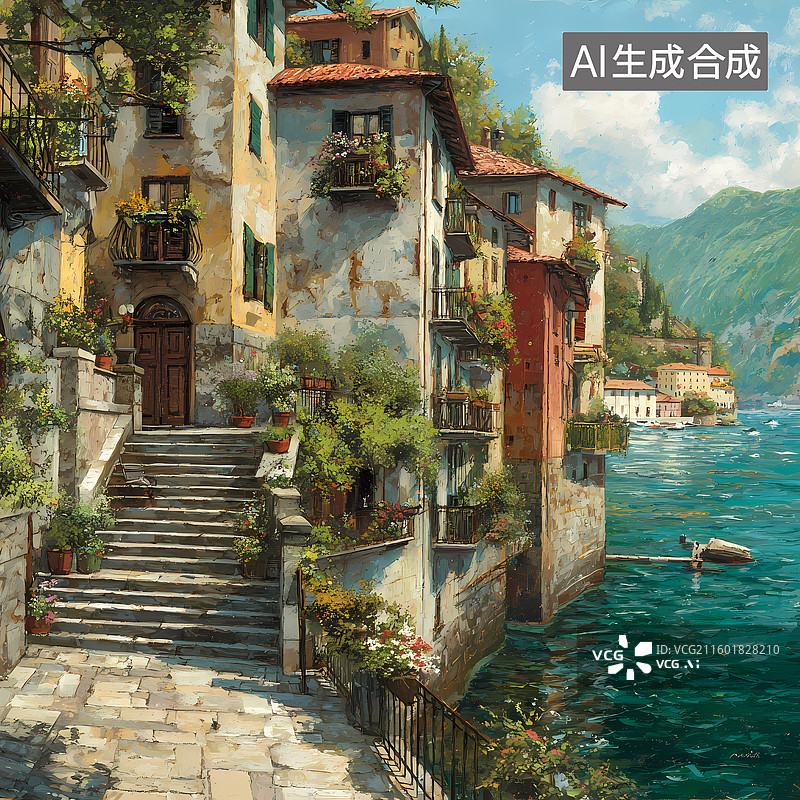 【AI数字艺术】油画风欧洲城市河流插图图片素材
