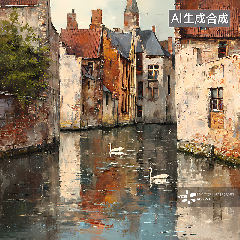【AI数字艺术】油画风欧洲城市河流插图图片素材