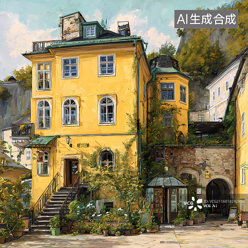 【AI数字艺术】油画风别墅小院插图图片素材