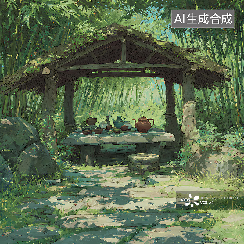 【AI数字艺术】国风竹林茶屋插图图片素材