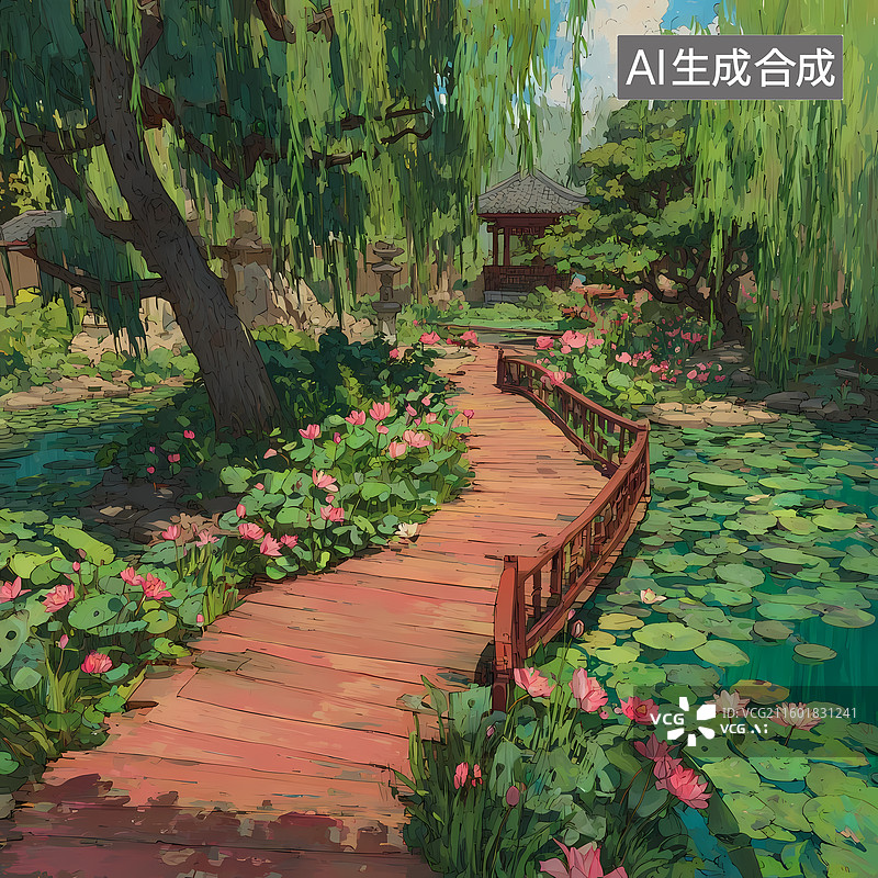 【AI数字艺术】中式荷塘荷花插图图片素材