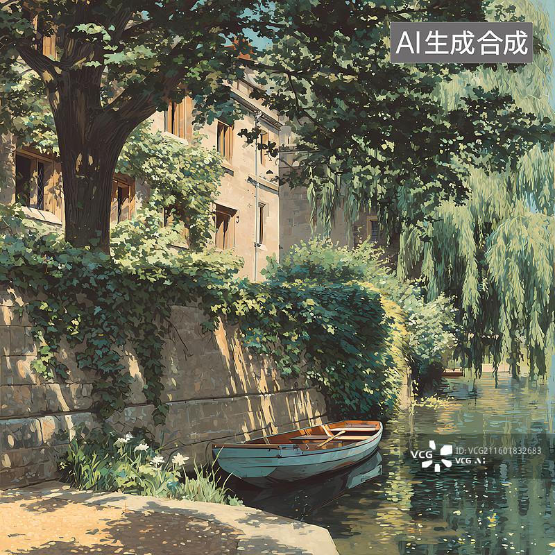 【AI数字艺术】大学学府扁舟垂柳插图图片素材