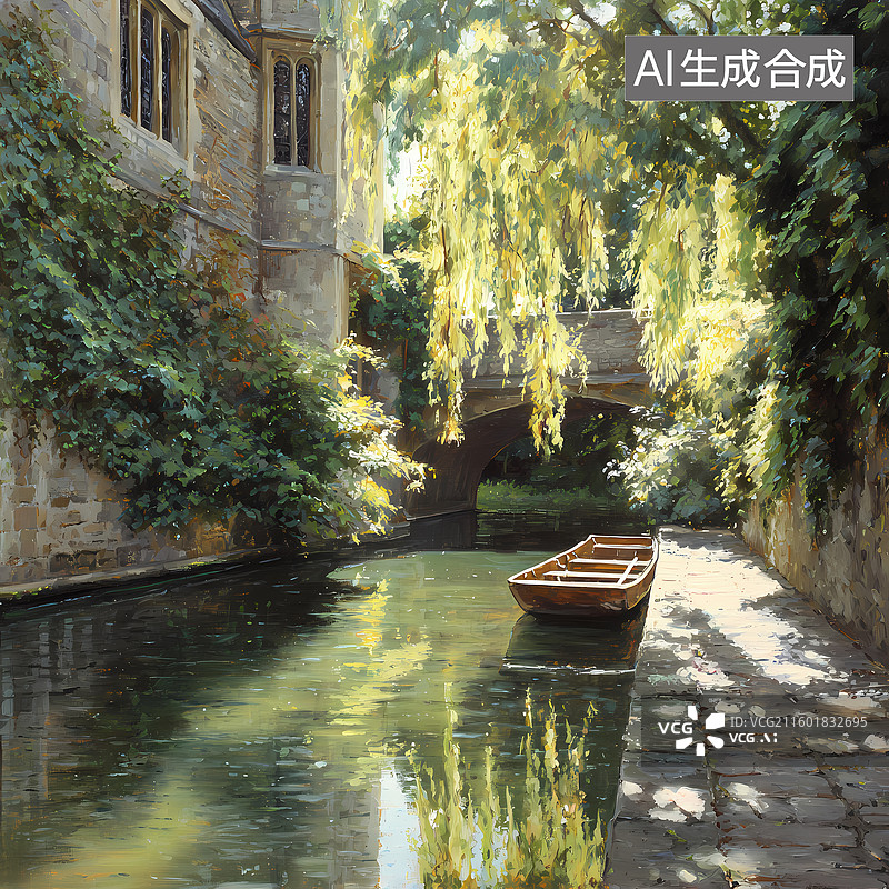 【AI数字艺术】大学学府扁舟垂柳插图图片素材