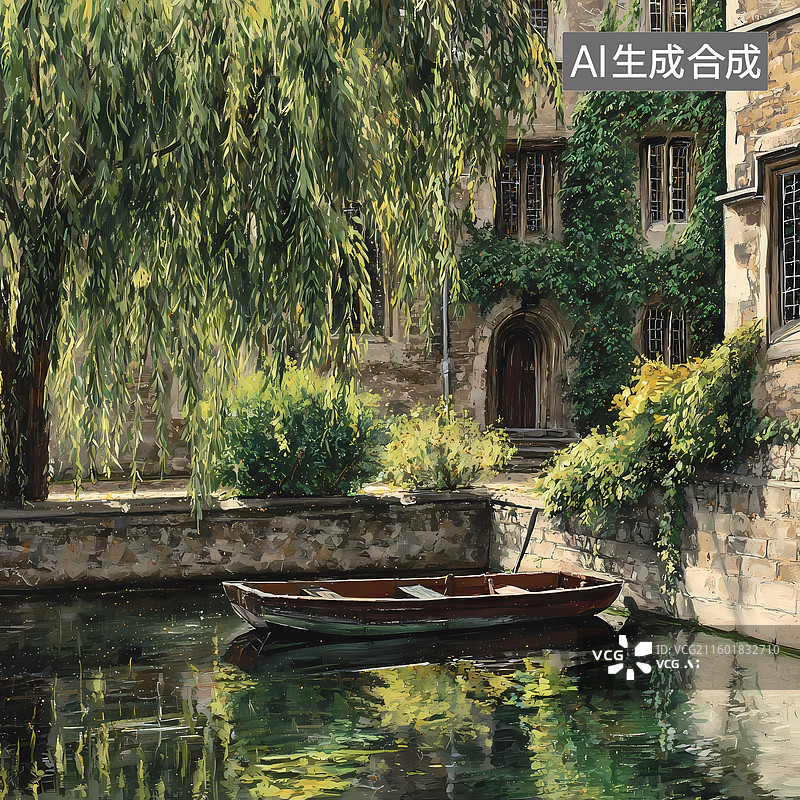 【AI数字艺术】大学学府扁舟垂柳插图图片素材