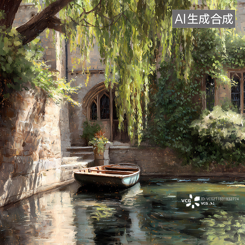 【AI数字艺术】大学学府扁舟垂柳插图图片素材