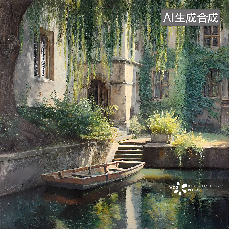 【AI数字艺术】大学学府扁舟垂柳插图图片素材