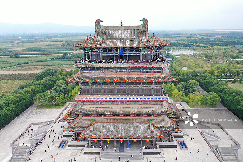 航拍山西运城永济鹳雀楼建筑黄河沿岸风光图片素材