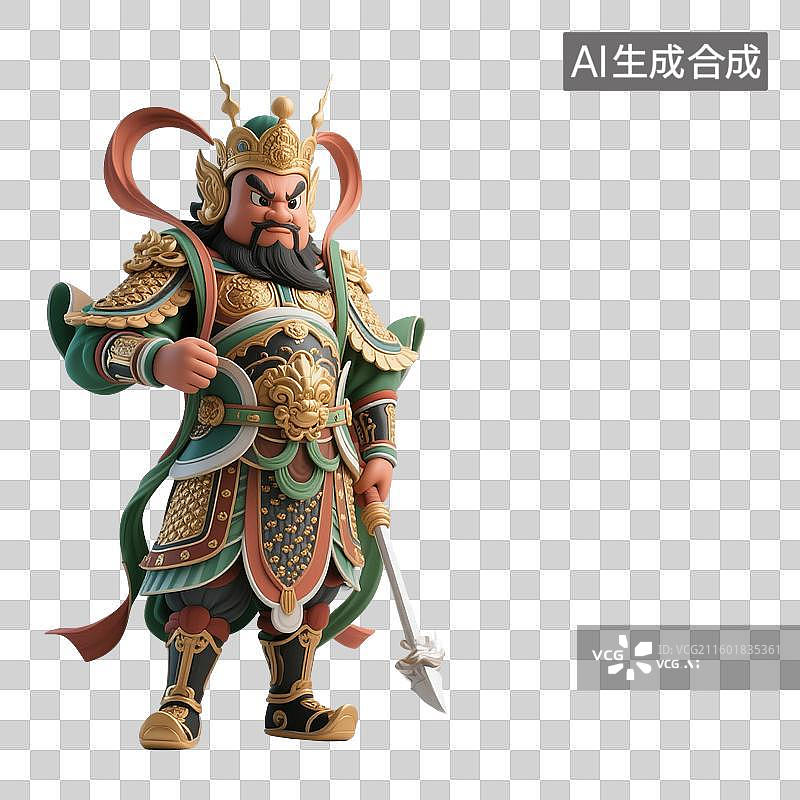 【AI数字艺术】3D渲染中国风古代卡通人物，门神张飞，武将，将军，拿着兵器的将军，免抠元素图片素材