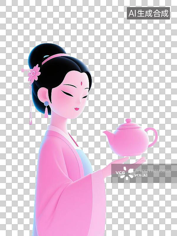 【AI数字艺术】3D渲染中国风人物插画，一个穿着古代服饰的女性正在泡茶，茶壶，传统服饰，茶文化，茶道，茶艺，免抠元素图片素材