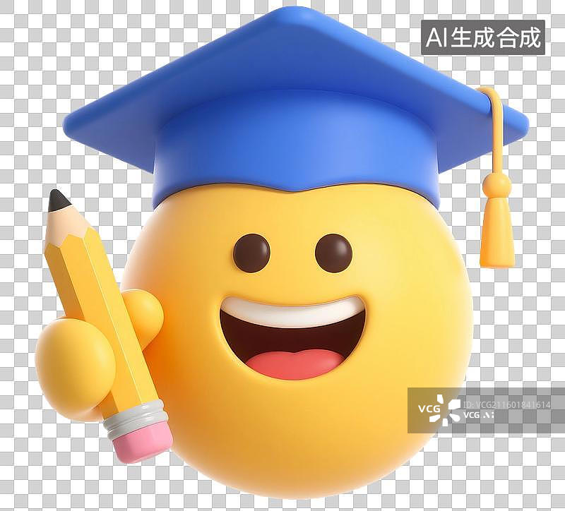 【AI数字艺术】3D渲染，黄脸表情，拿着铅笔的博士，毕业季，免抠元素图片素材