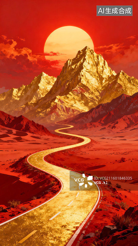 【AI数字艺术】金路红漠映金峰绘就西域奇境图片素材