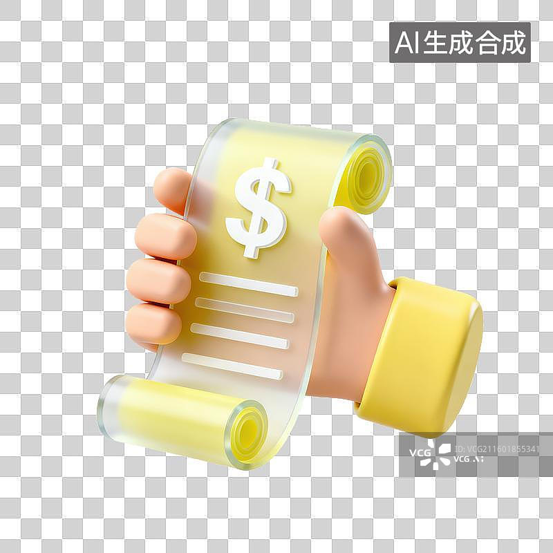 【AI数字艺术】3D磨砂玻璃材质手势手拿账单收据元素图片素材
