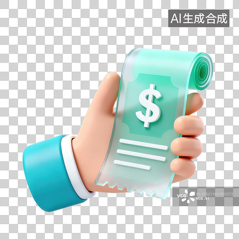 【AI数字艺术】3D磨砂玻璃材质手势手拿账单收据元素图片素材