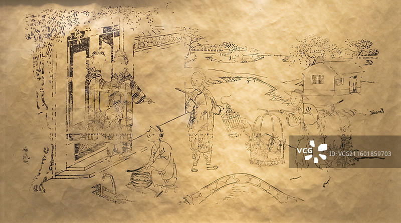 杨柳青年画墨线卖西瓜 天津博物馆图片素材