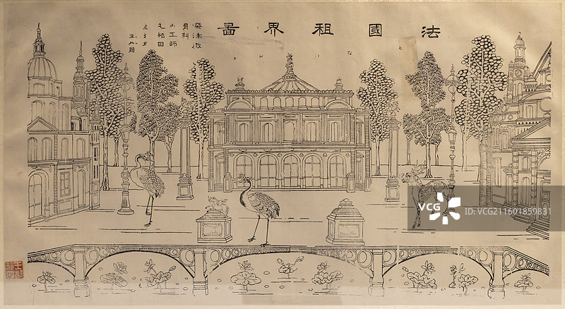 杨柳青年画墨线法国租界 天津博物馆图片素材