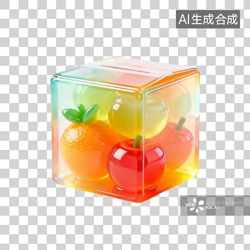 【AI数字艺术】透明立方体内的彩色水果玩具图片素材