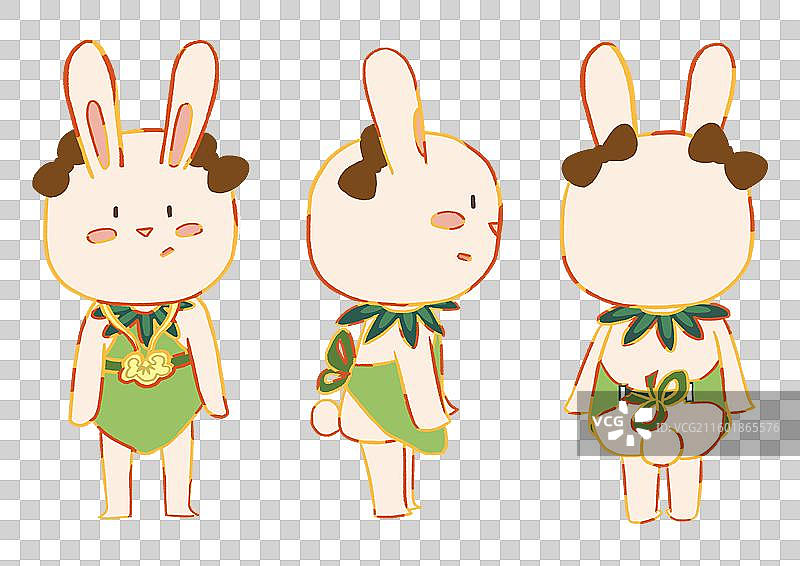 扁平风可爱风穿绿色肚兜的小兔子三视图图片素材