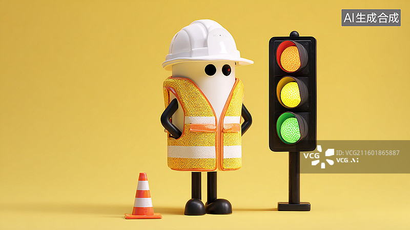 【AI数字艺术】卡通工人与红绿灯图片素材