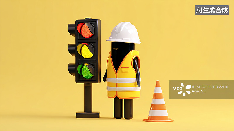 【AI数字艺术】卡通工人与红绿灯图片素材