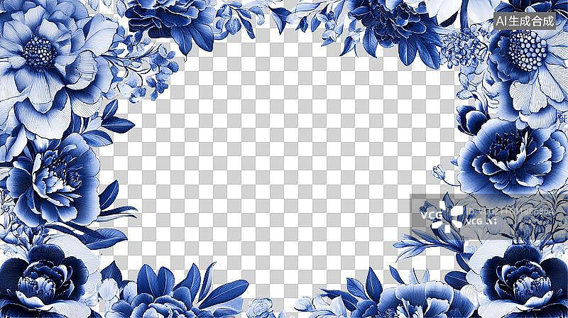 【AI数字艺术】青花瓷配色鲜花图案环绕边框装饰文艺免抠图形图片素材