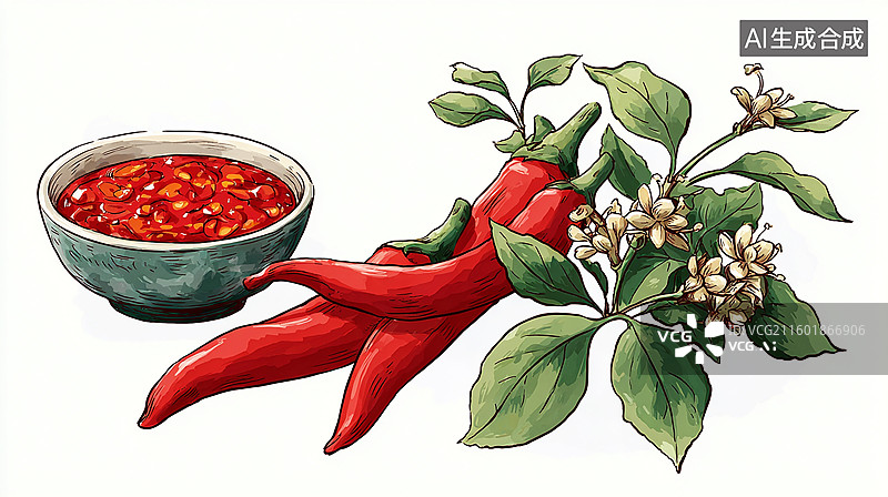 【AI数字艺术】碗装辣椒酱与红辣椒插画图片素材