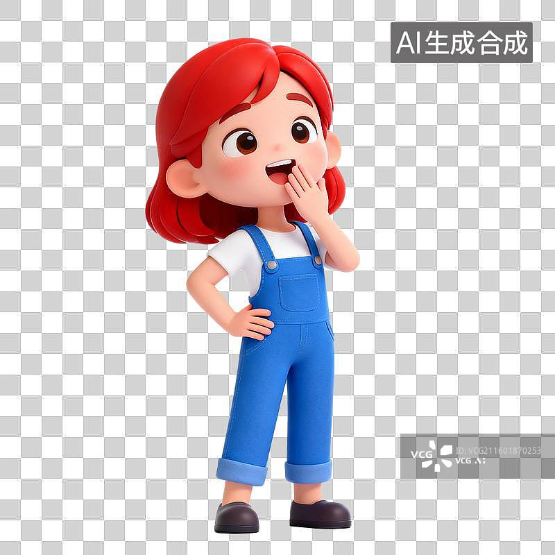 【AI数字艺术】红发卡通女孩穿着蓝色背带裤图片素材