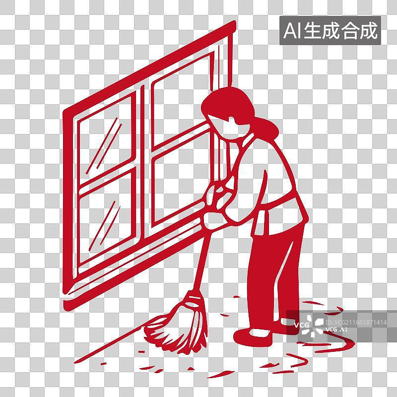 【AI数字艺术】新年擦窗户简洁有力木刻版画剪纸插画元素图片素材