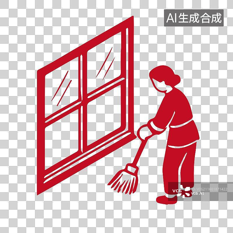 【AI数字艺术】新年擦窗户简洁有力木刻版画剪纸插画元素图片素材