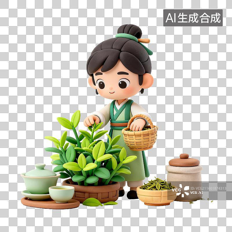 【AI数字艺术】采茶女孩与传统茶具图片素材