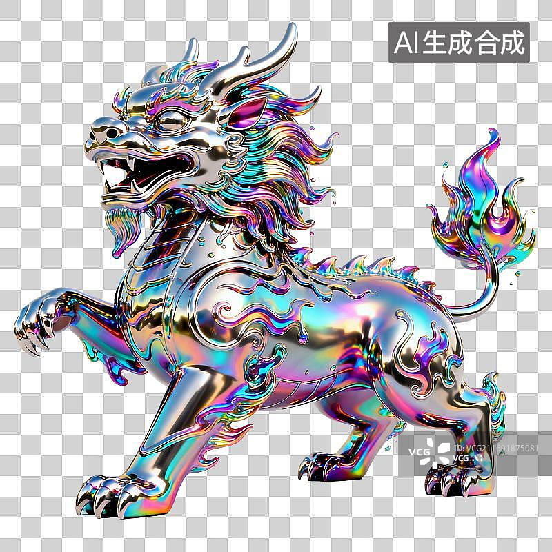 【AI数字艺术】彩虹色的金属麒麟雕塑图片素材