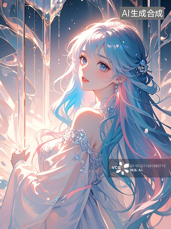 【AI数字艺术】冰雪仙子般的蓝发少女图片素材