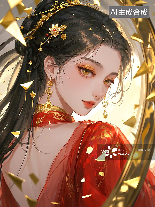 【AI数字艺术】古典美人，金饰与红衣的华丽图片素材