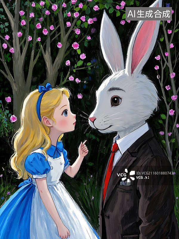 【AI数字艺术】爱丽丝梦游仙境: 爱丽丝与白兔的奇遇图片素材