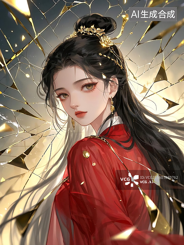 【AI数字艺术】古风女子回眸，破碎的金光图片素材
