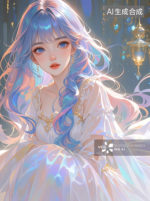 【AI数字艺术】梦幻少女：蓝发飘逸，身着白裙，宛如仙境图片素材