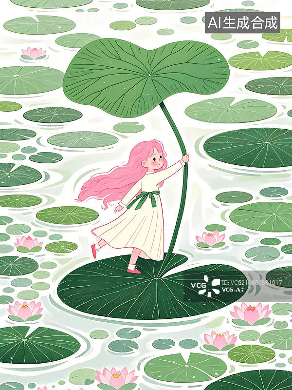 【AI数字艺术】小女孩在莲叶上行走，手持大莲叶图片素材