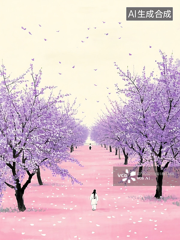 【AI数字艺术】春日樱花之路，漫步少女图片素材