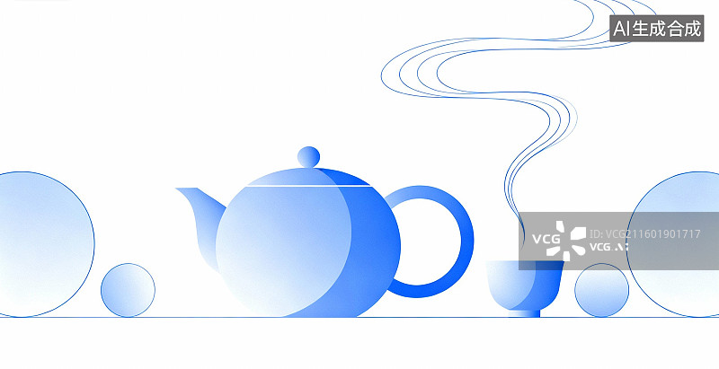 【AI数字艺术】蓝色茶壶与茶杯冒着热气图片素材
