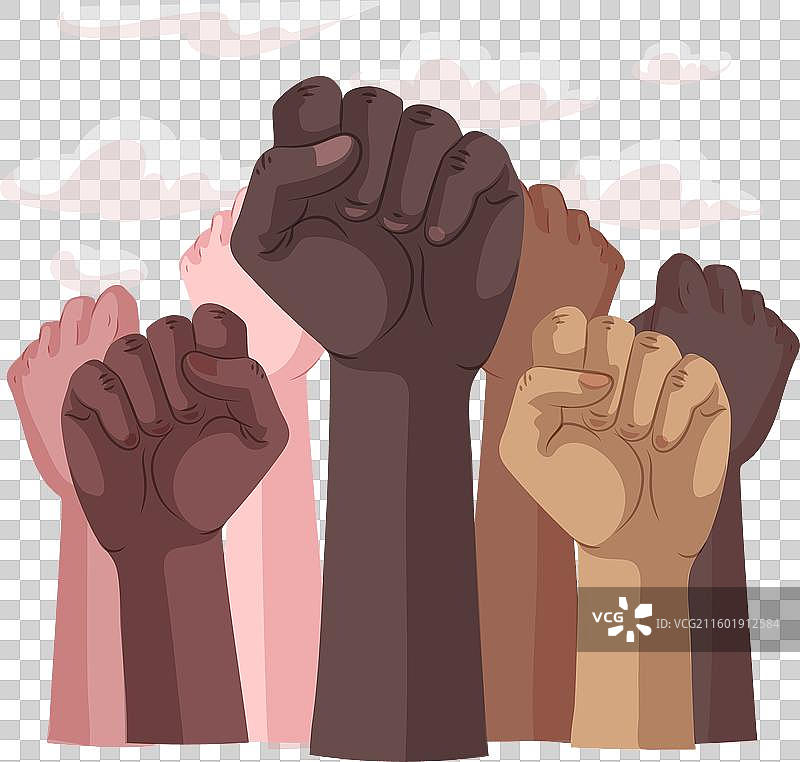 不同种族人士高举拳头的概念图片素材