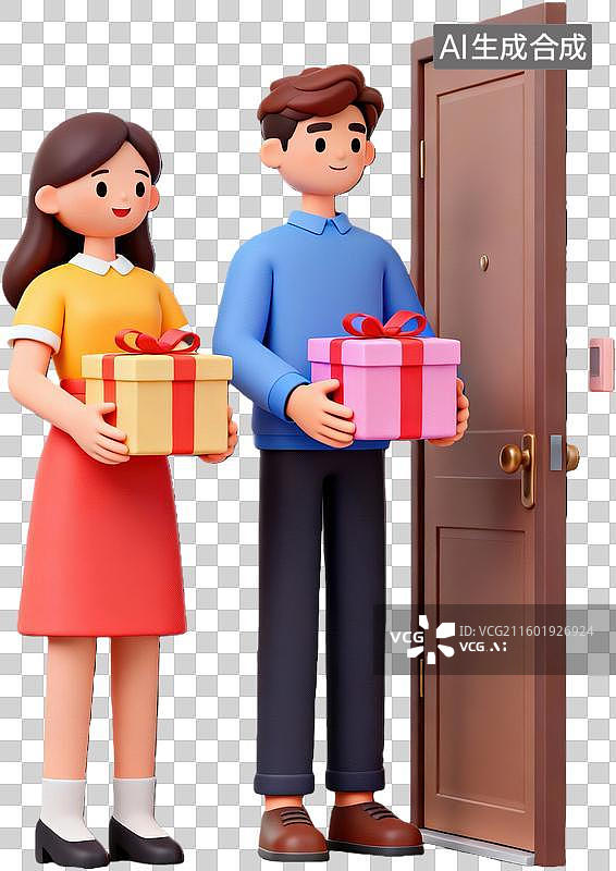 【AI数字艺术】人物送礼物敲门场景图片素材