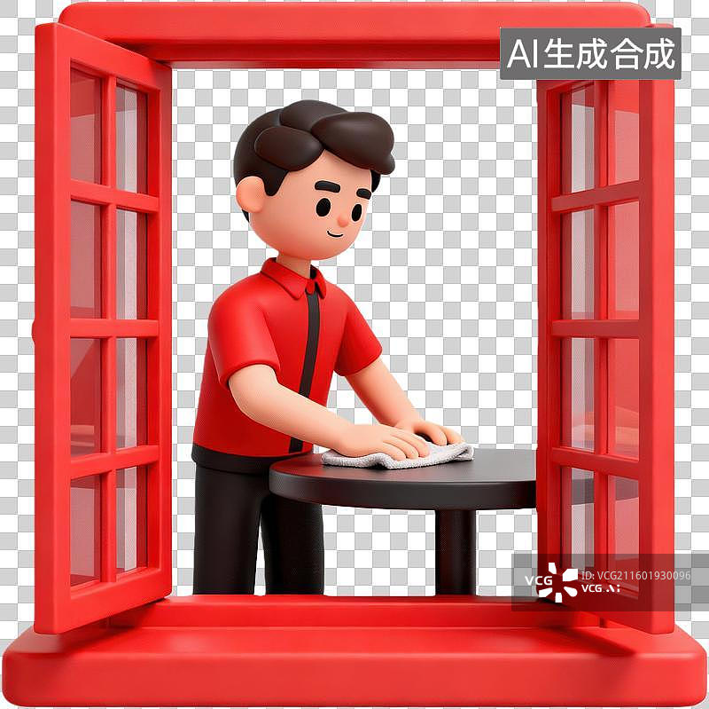 【AI数字艺术】红色电话亭擦桌子场景图片素材