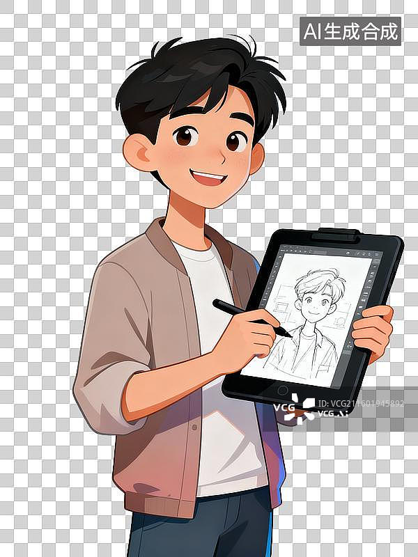 【AI数字艺术】年轻男子使用数位绘图板创作图片素材